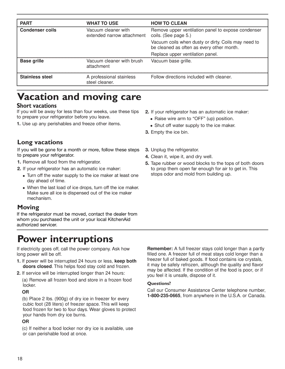 KitchenAid 2006136 manual Vacation and moving care, Power interruptions, Short vacations, Long vacations, Moving 