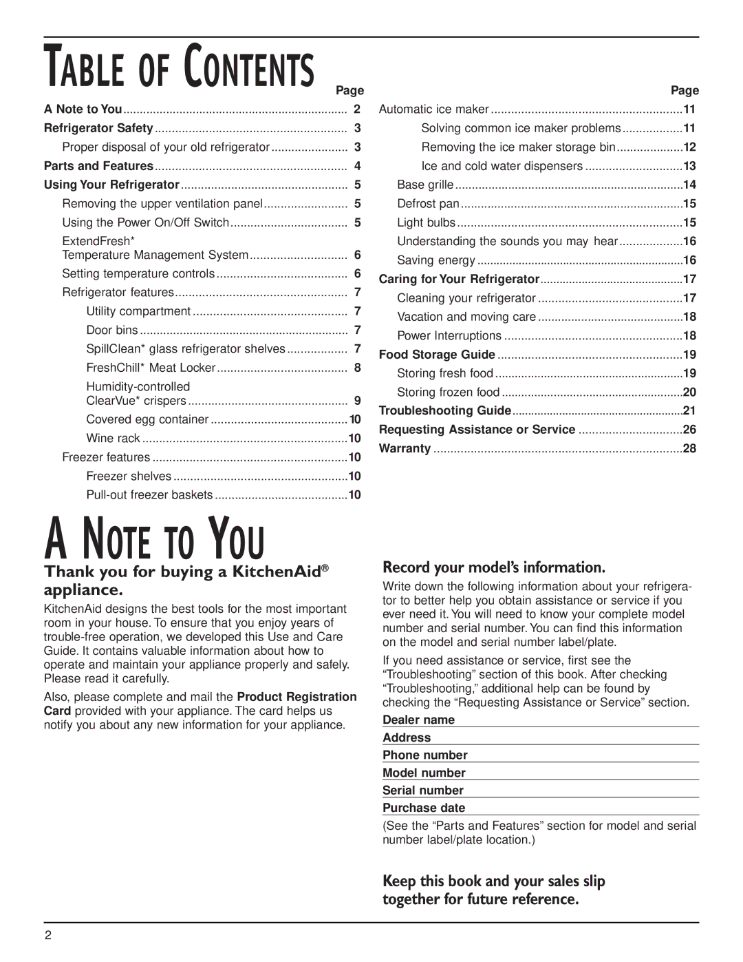 KitchenAid 2006136 manual Table of Contents 