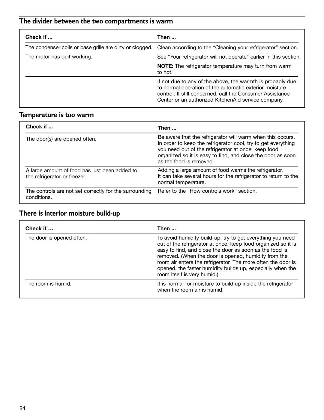 KitchenAid 2006136 manual Divider between the two compartments is warm, Temperature is too warm 