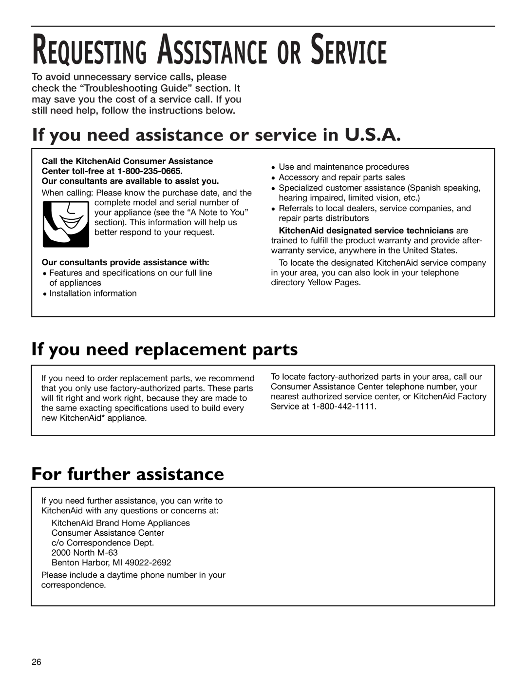 KitchenAid 2006136 manual If you need assistance or service in U.S.A, If you need replacement parts, For further assistance 