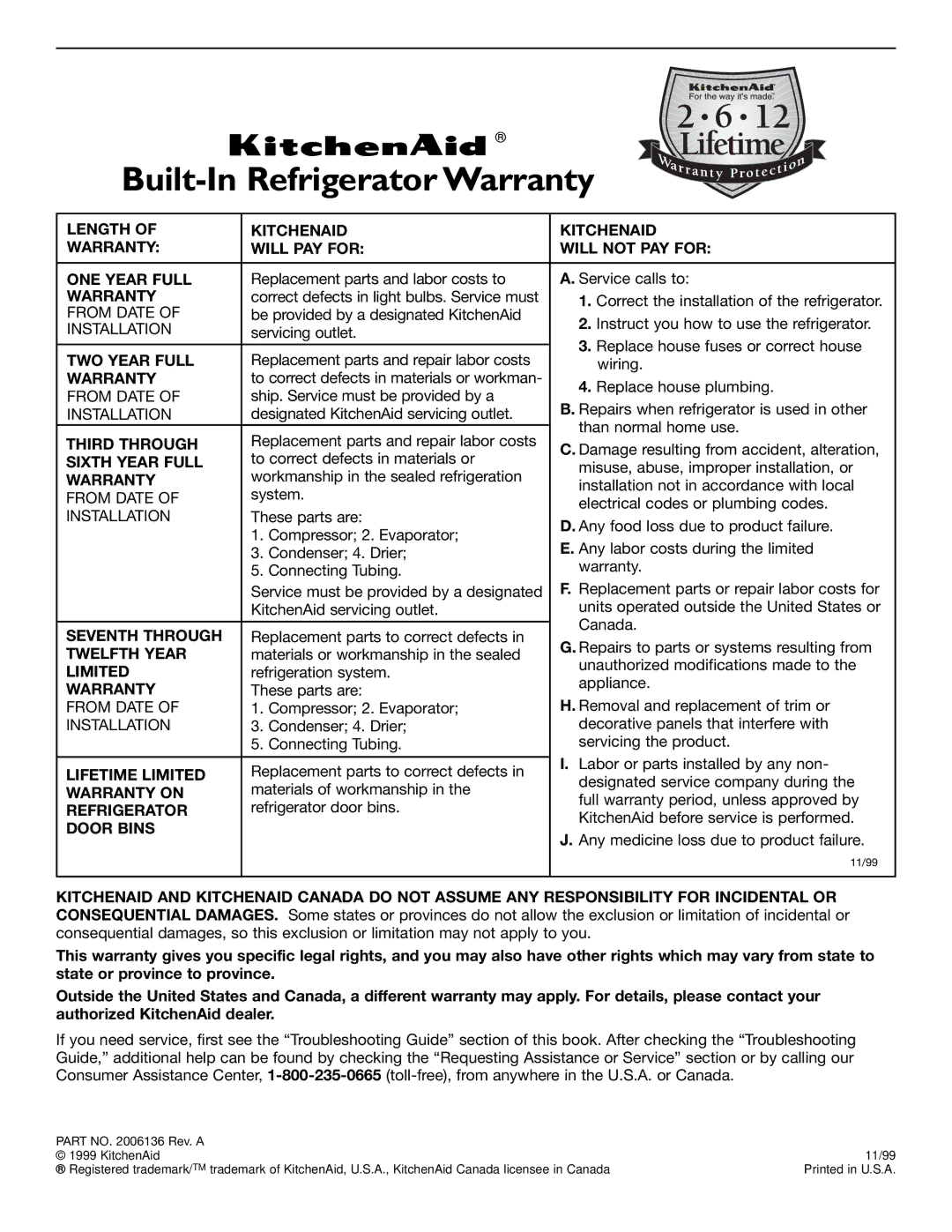 KitchenAid 2006136 manual Built-In Refrigerator Warranty, Door Bins 