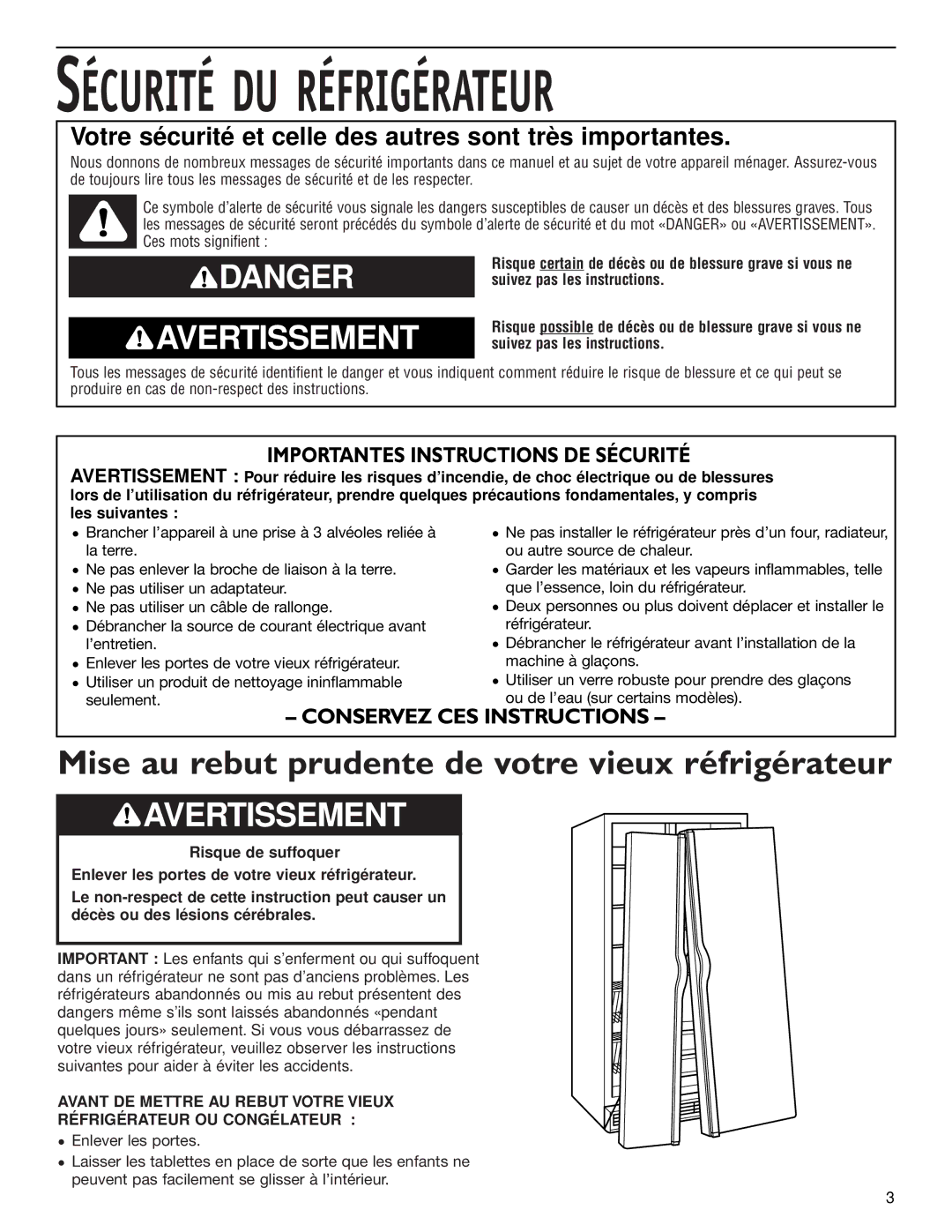 KitchenAid 2006136 manual Sécurité DU Réfrigérateur, Mise au rebut prudente de votre vieux réfrigérateur 