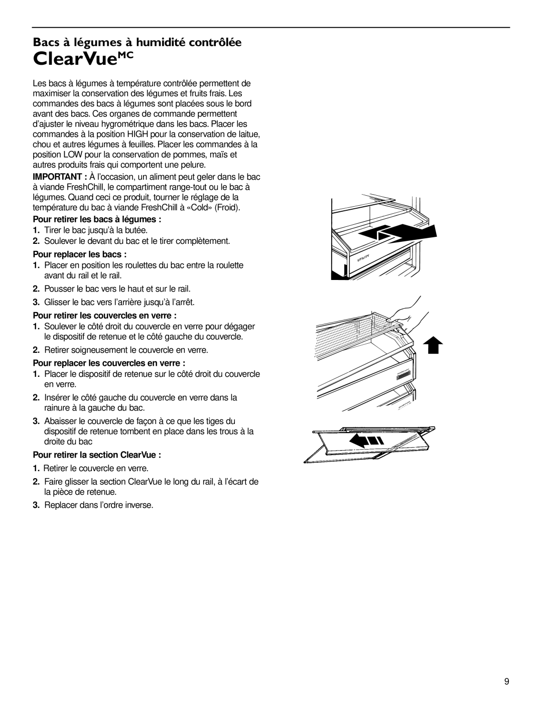 KitchenAid 2006136 manual ClearVueMC, Bacs à légumes à humidité contrôlée 