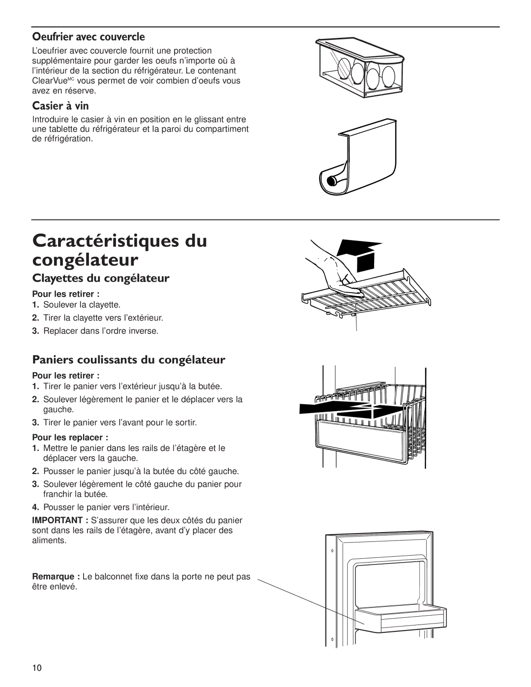 KitchenAid 2006136 manual Caractéristiques du congélateur, Oeufrier avec couvercle, Casier à vin, Clayettes du congélateur 