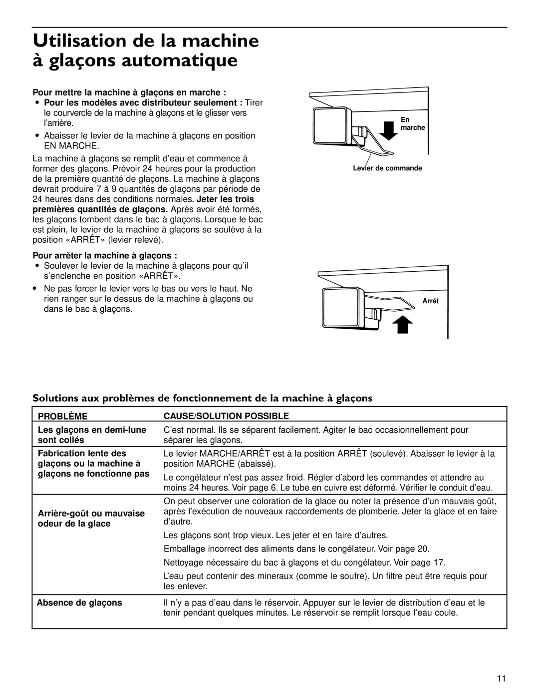 KitchenAid 2006136 manual Utilisation de la machine à glaçons automatique, Problème CAUSE/SOLUTION Possible 