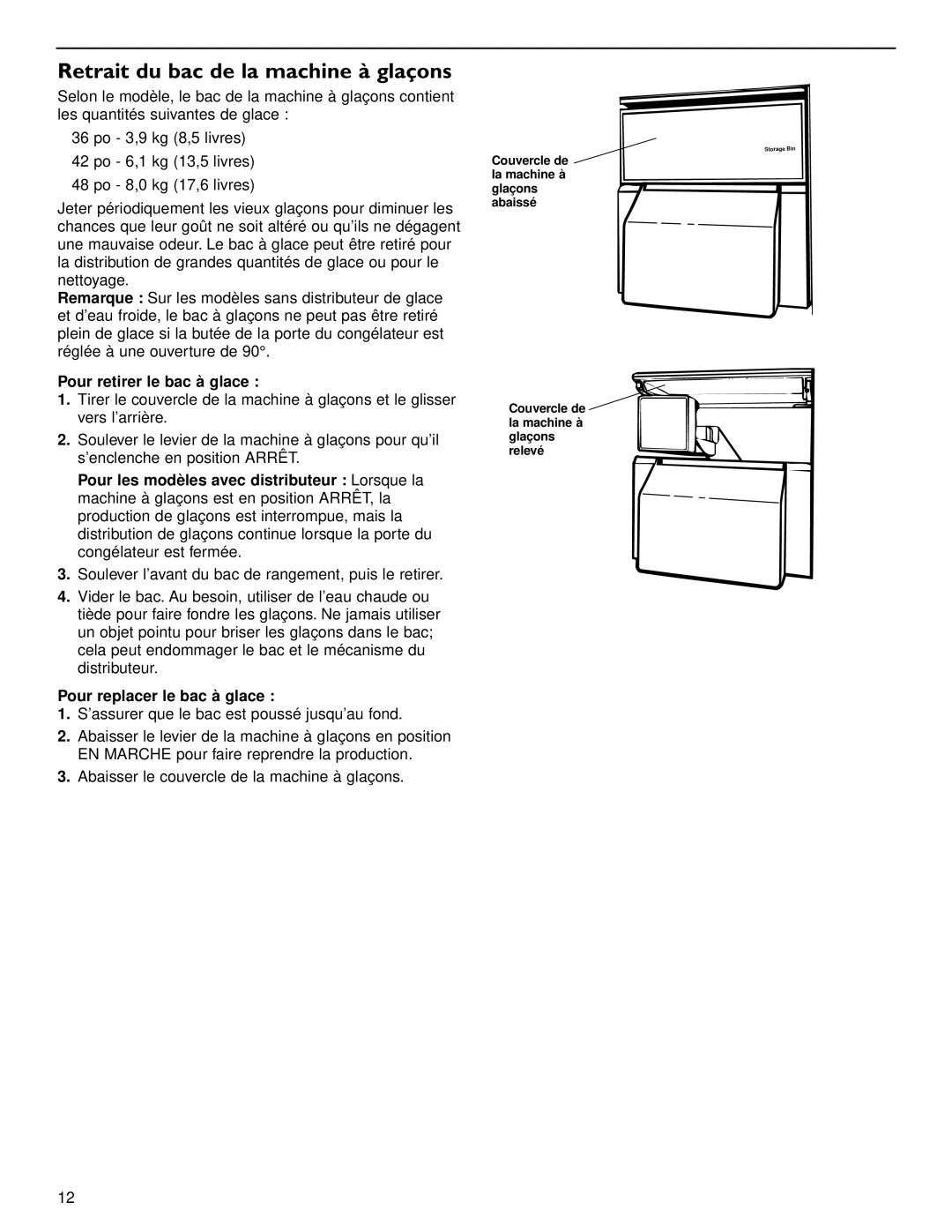 KitchenAid 2006136 manual Retrait du bac de la machine à glaçons, Pour retirer le bac à glace, Pour replacer le bac à glace 