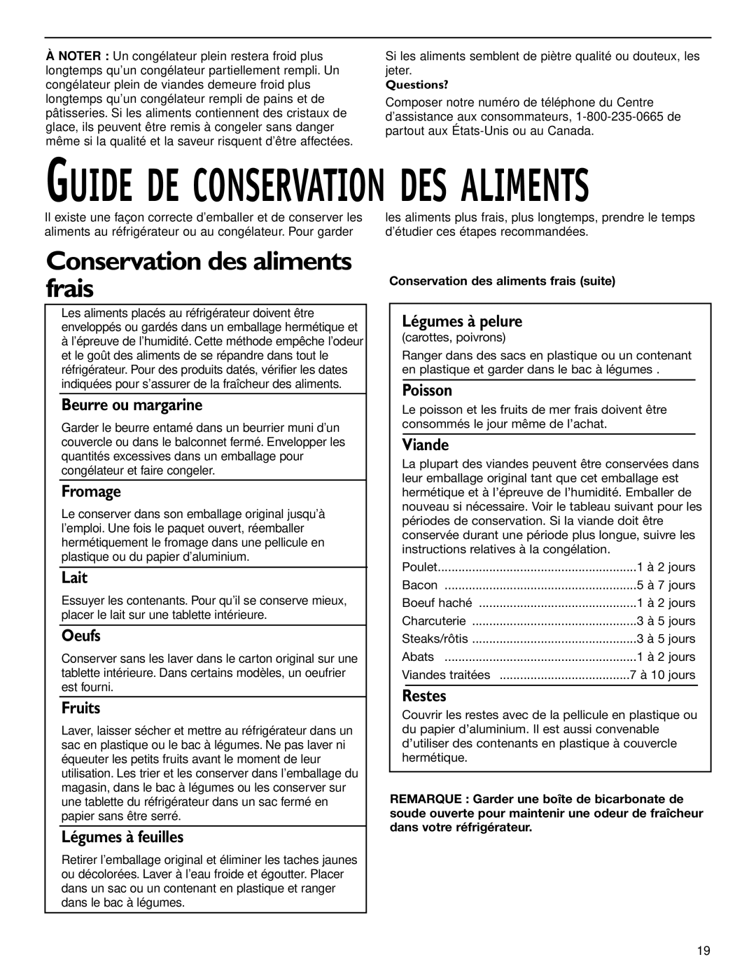 KitchenAid 2006136 manual Conservation des aliments frais 