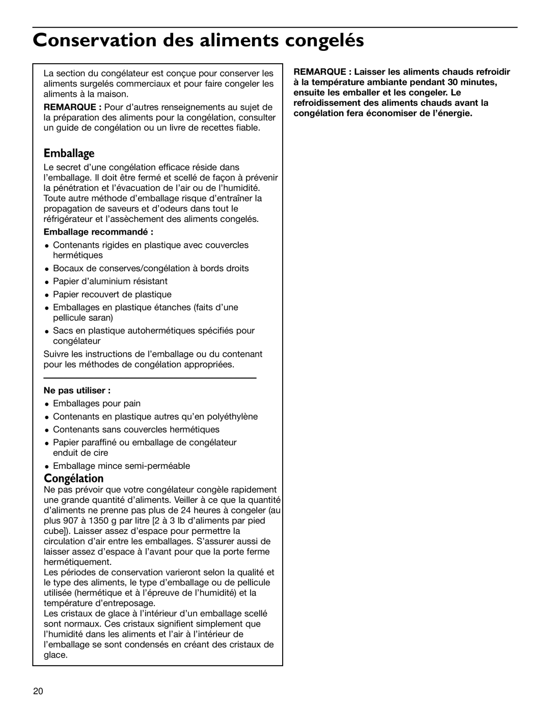 KitchenAid 2006136 manual Conservation des aliments congelés, Congélation, Emballage recommandé, Ne pas utiliser 