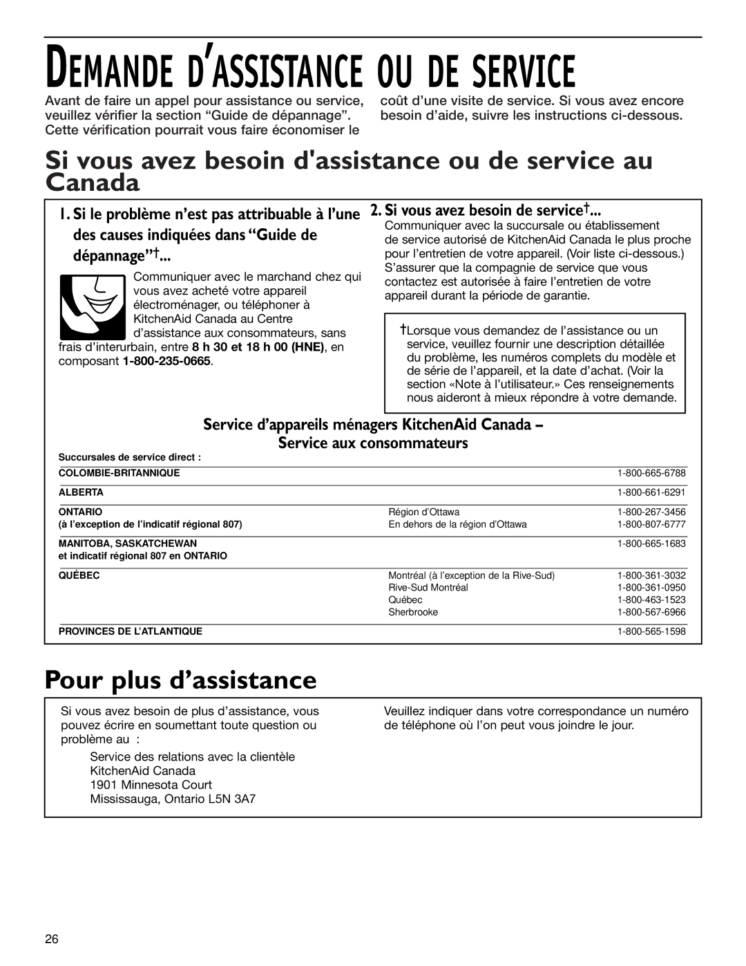 KitchenAid 2006136 manual Si vous avez besoin dassistance ou de service au Canada, Pour plus d’assistance, Dépannage 