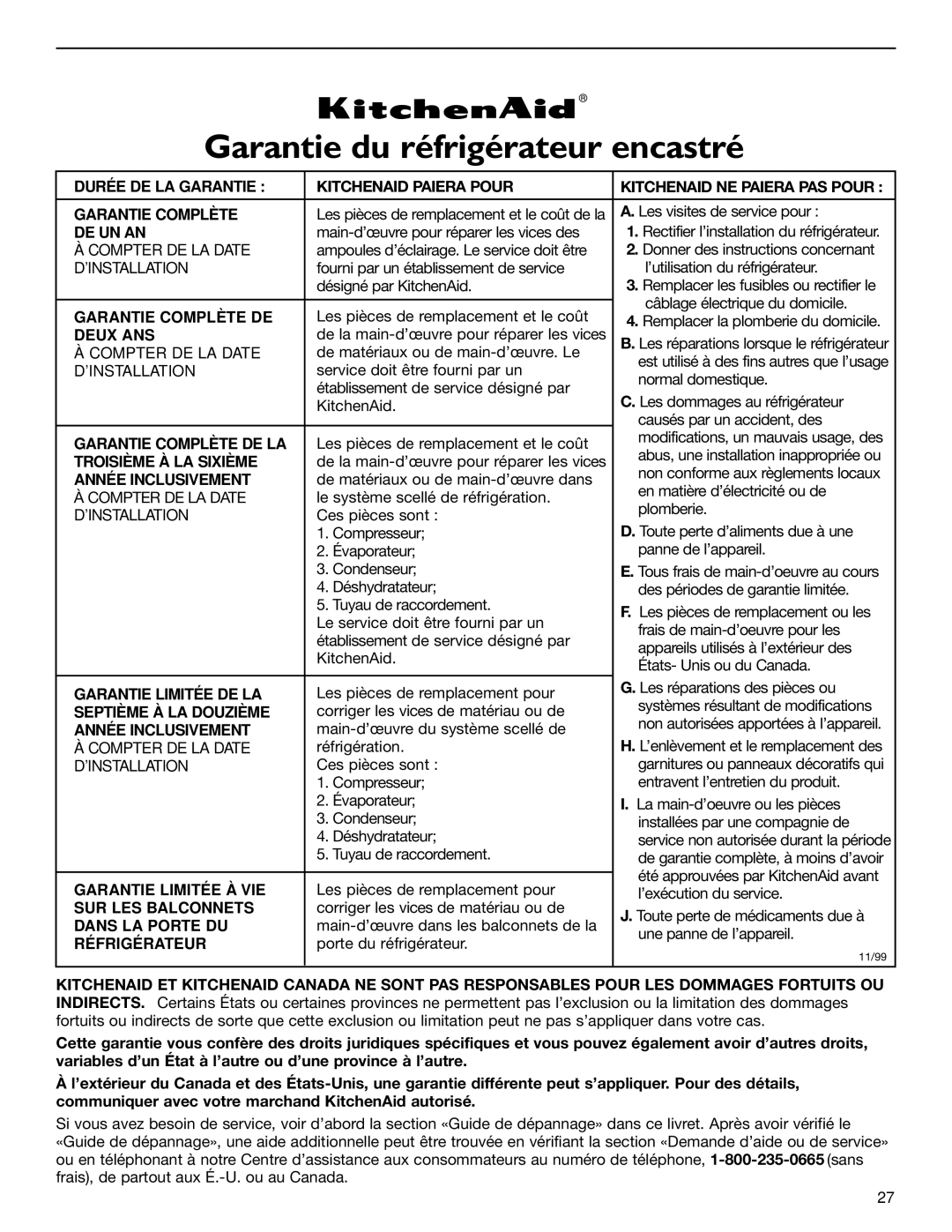 KitchenAid 2006136 manual Garantie du réfrigérateur encastré 