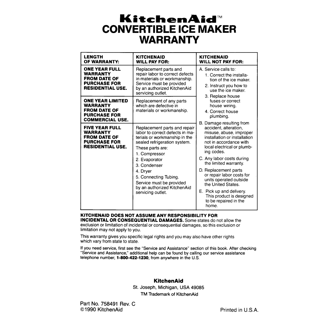 KitchenAid 206, Ice Maker, KUIS185 manual 