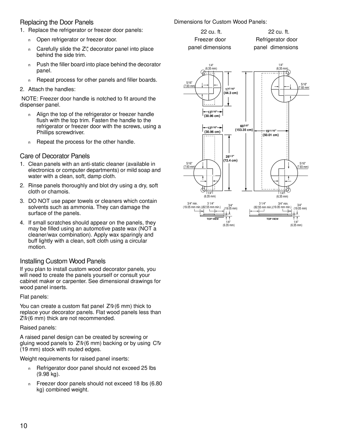 KitchenAid 2200139A manual Replacing the Door Panels, Care of Decorator Panels, Installing Custom Wood Panels 