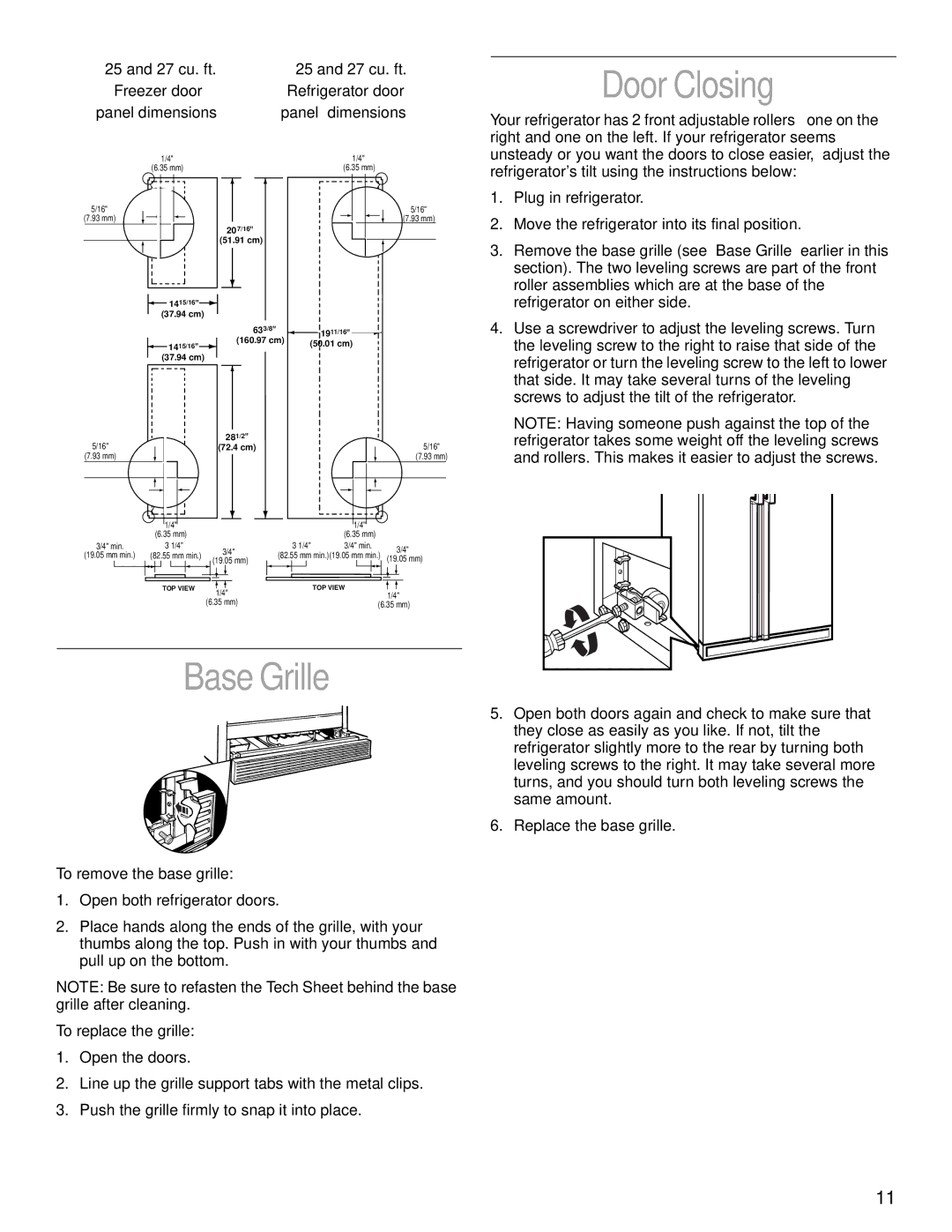 KitchenAid 2200139A manual Door Closing, Base Grille, 27 cu. ft Freezer door Refrigerator door Panel dimensions 