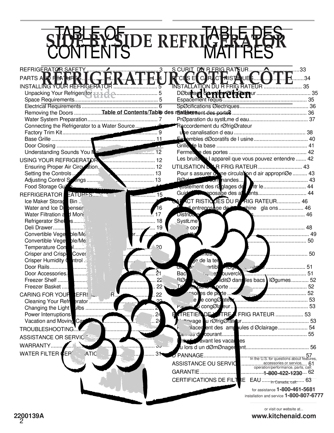 KitchenAid 2200139A manual Contents, Table DES Matières 