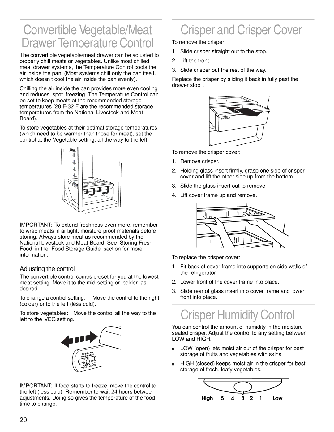 KitchenAid 2200139A Crisper and Crisper Cover, Crisper Humidity Control, Adjusting the control, To remove the crisper 