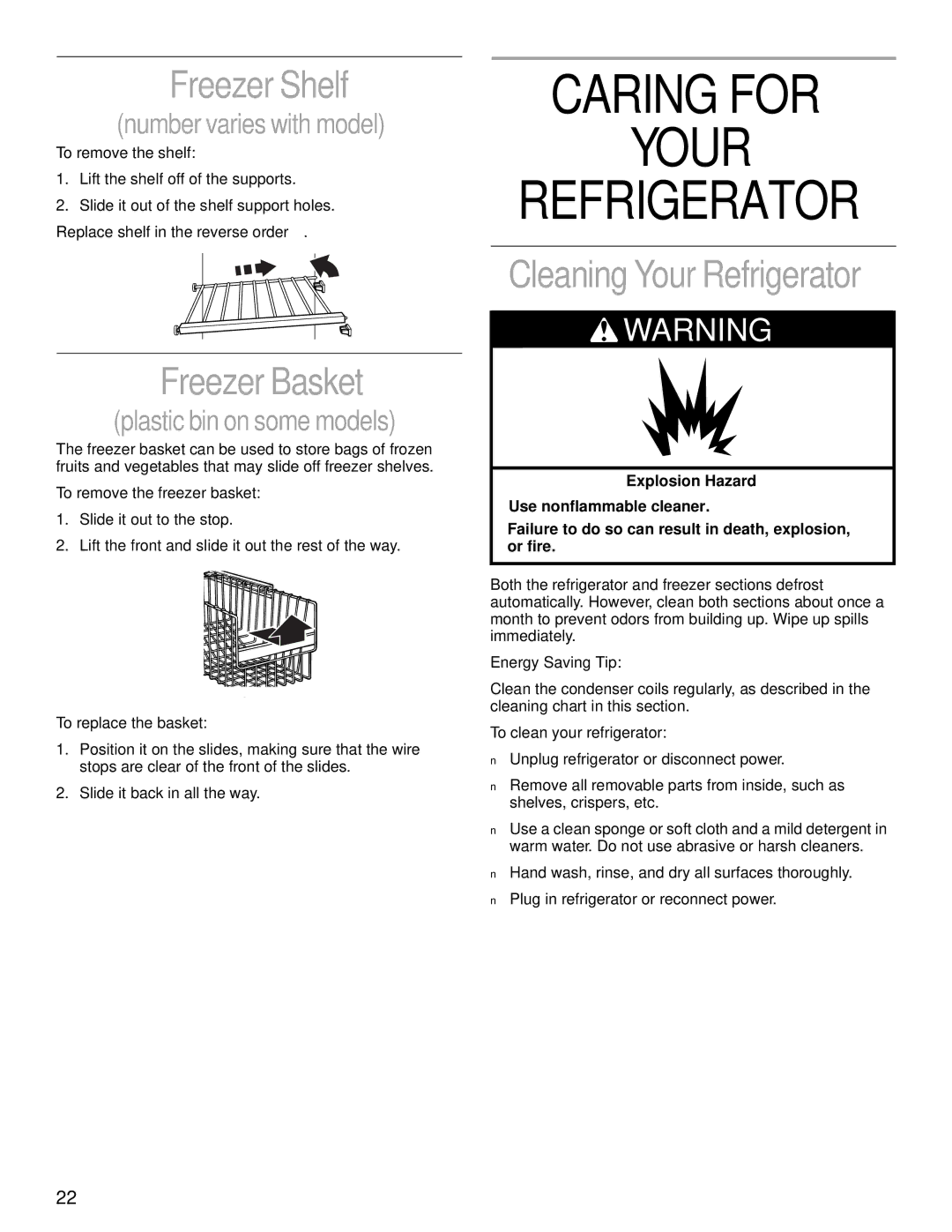 KitchenAid 2200139A manual Caring for Your Refrigerator, Freezer Shelf, Freezer Basket 