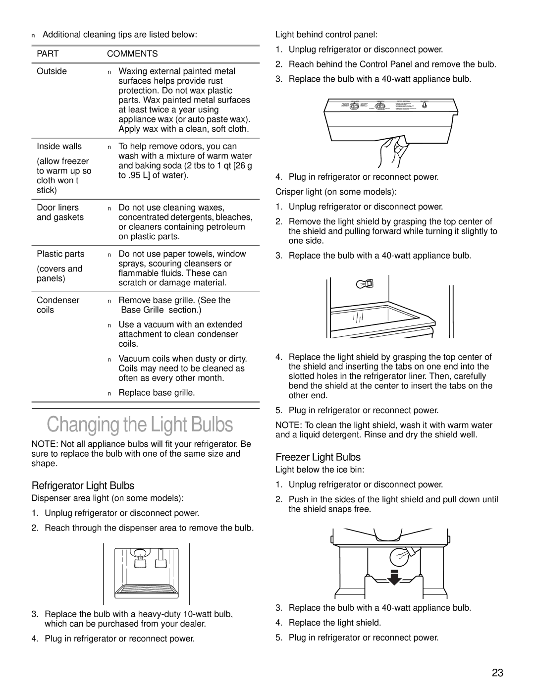 KitchenAid 2200139A manual Refrigerator Light Bulbs, Freezer Light Bulbs 