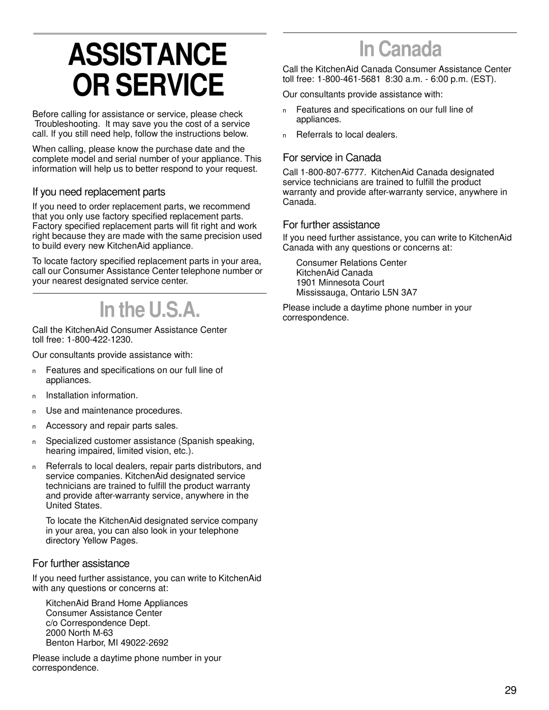 KitchenAid 2200139A manual Assistance Or Service, U.S.A, Canada 