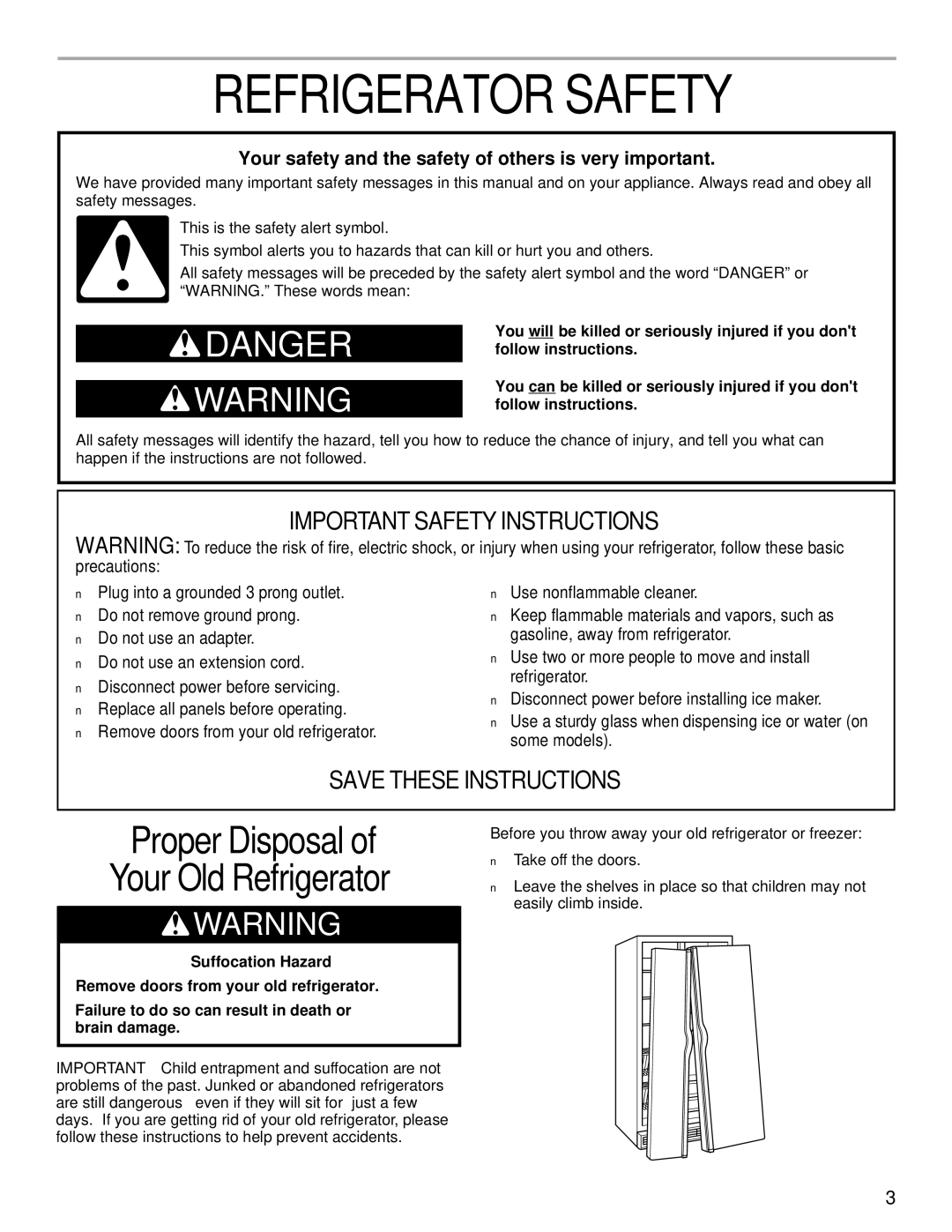 KitchenAid 2200139A manual Refrigerator Safety, Your safety and the safety of others is very important 