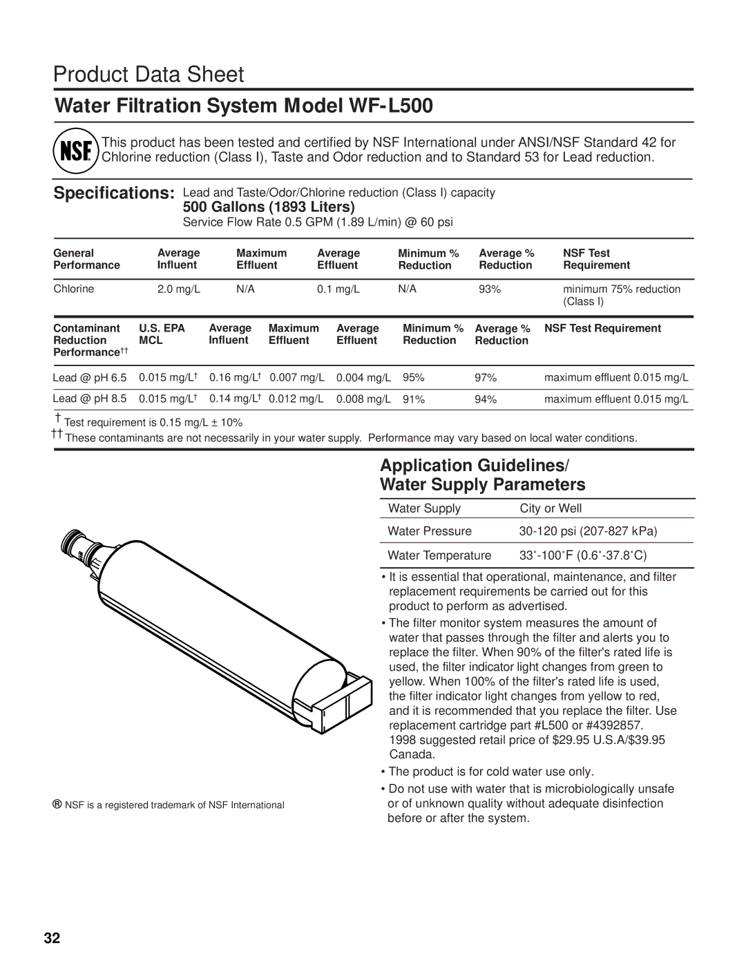 KitchenAid 2200139A manual Product Data Sheet, Gallons 1893 Liters 