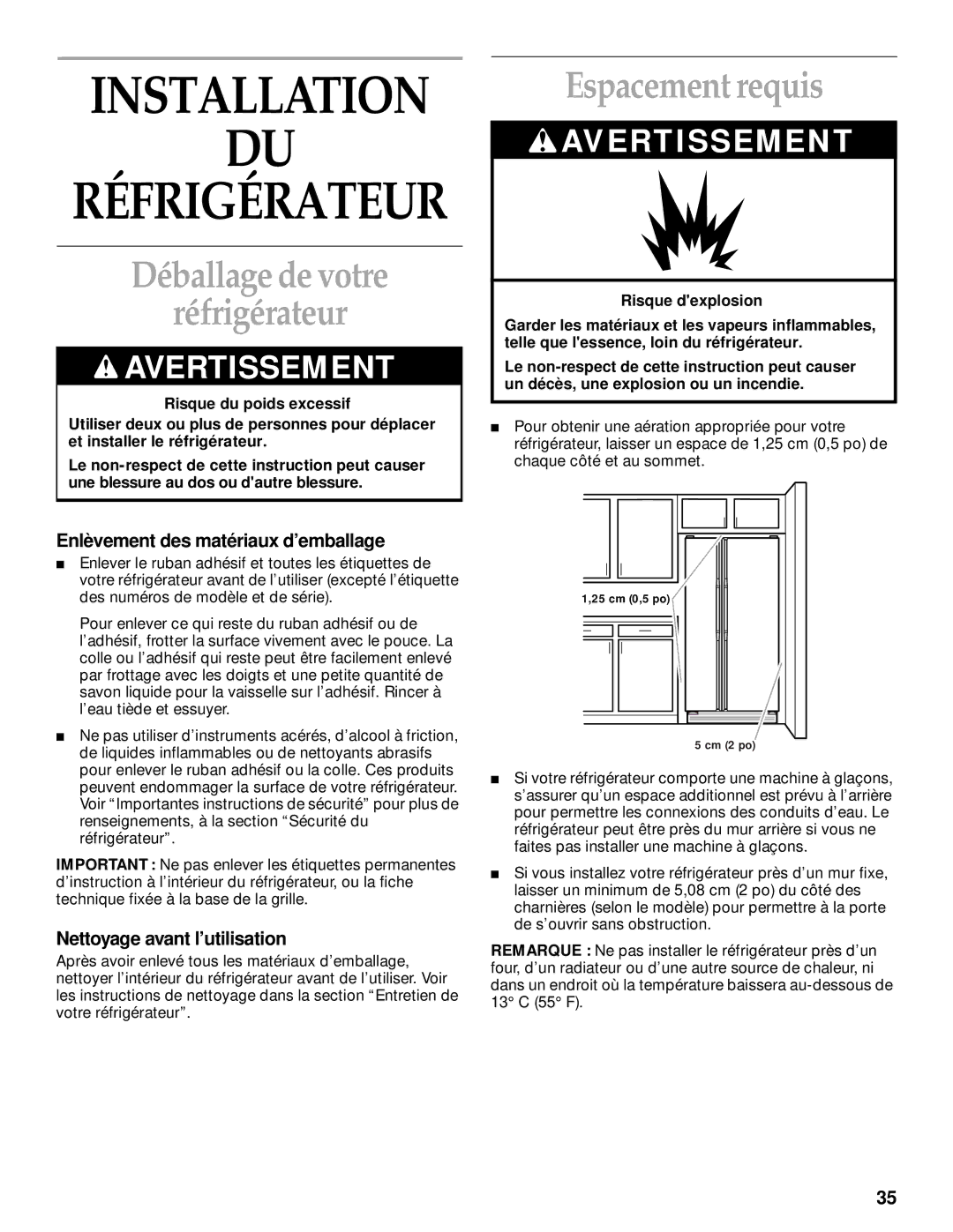 KitchenAid 2200139A manual Déballage de votre Réfrigérateur, Espacement requis, Enlèvement des matériaux d’emballage 