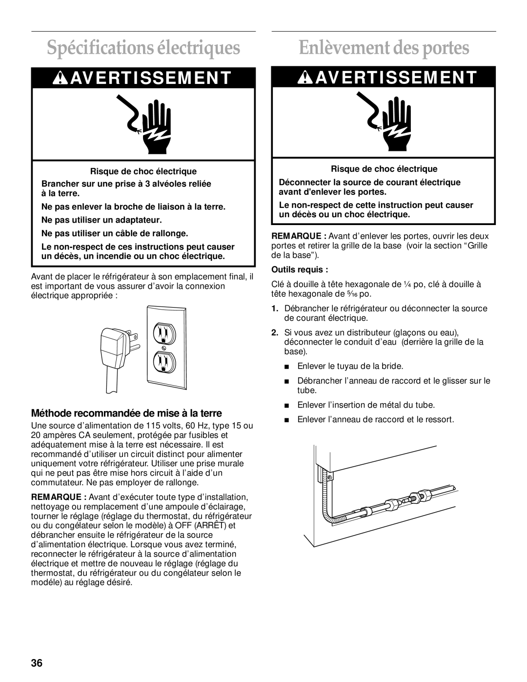 KitchenAid 2200139A manual Spécifications électriques, Enlèvement des portes, Méthode recommandée de mise à la terre 