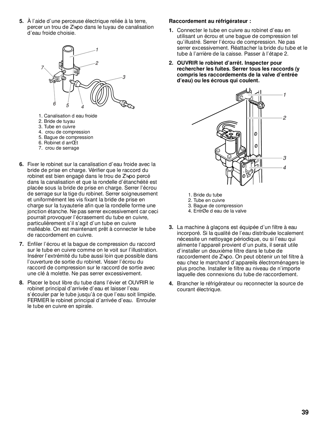 KitchenAid 2200139A manual Raccordement au réfrigérateur 