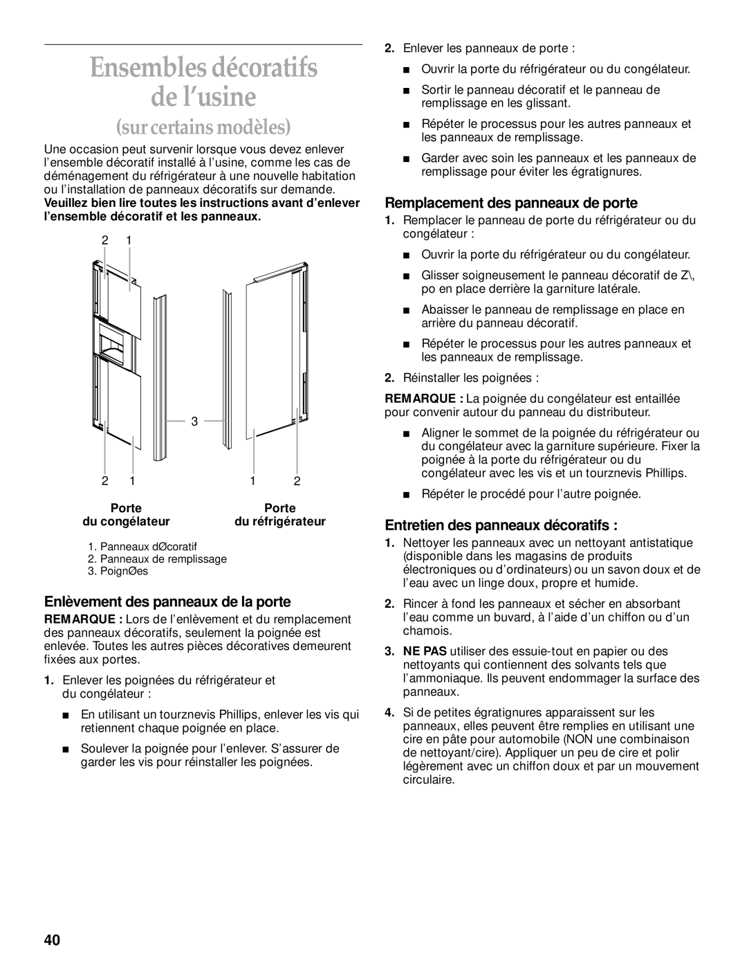 KitchenAid 2200139A manual Ensembles décoratifs De l’usine, Enlèvement des panneaux de la porte 