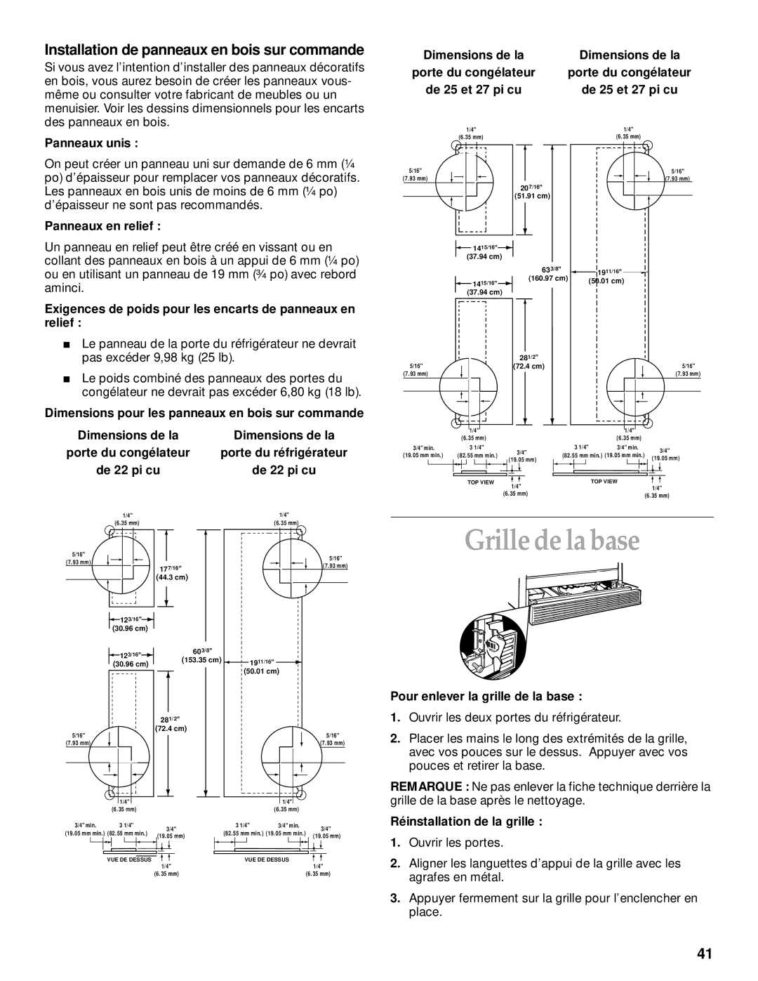 KitchenAid 2200139A manual Grille de la base, Installation de panneaux en bois sur commande 