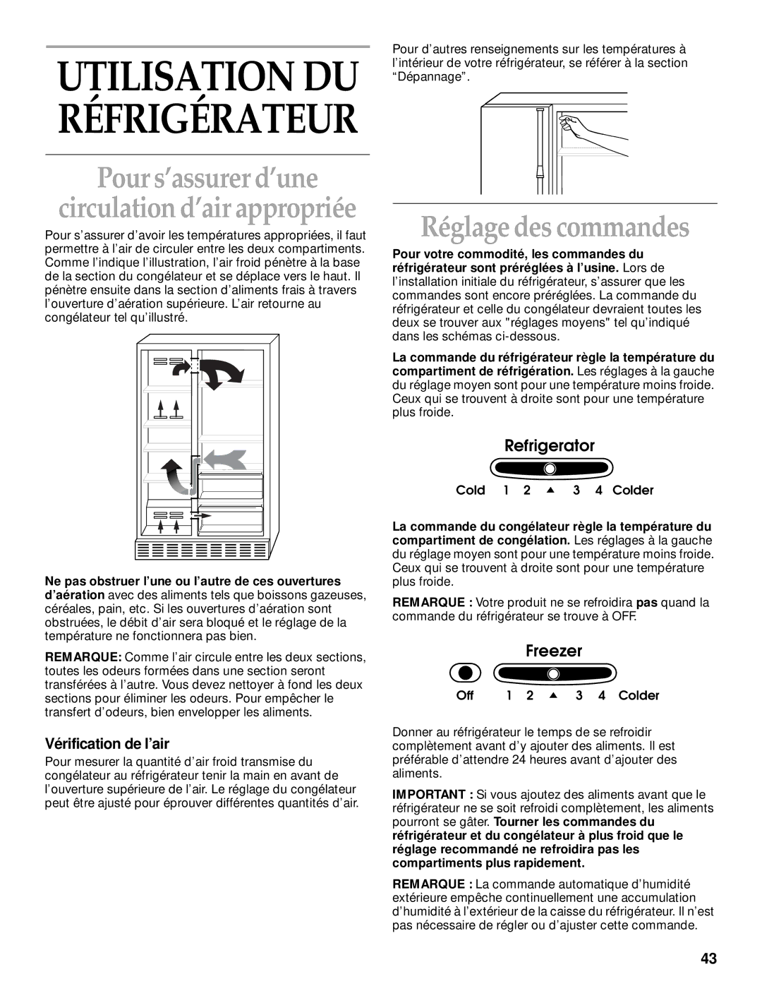 KitchenAid 2200139A manual Pour s’assurer d’une, Réglage des commandes, Vérification de l’air 