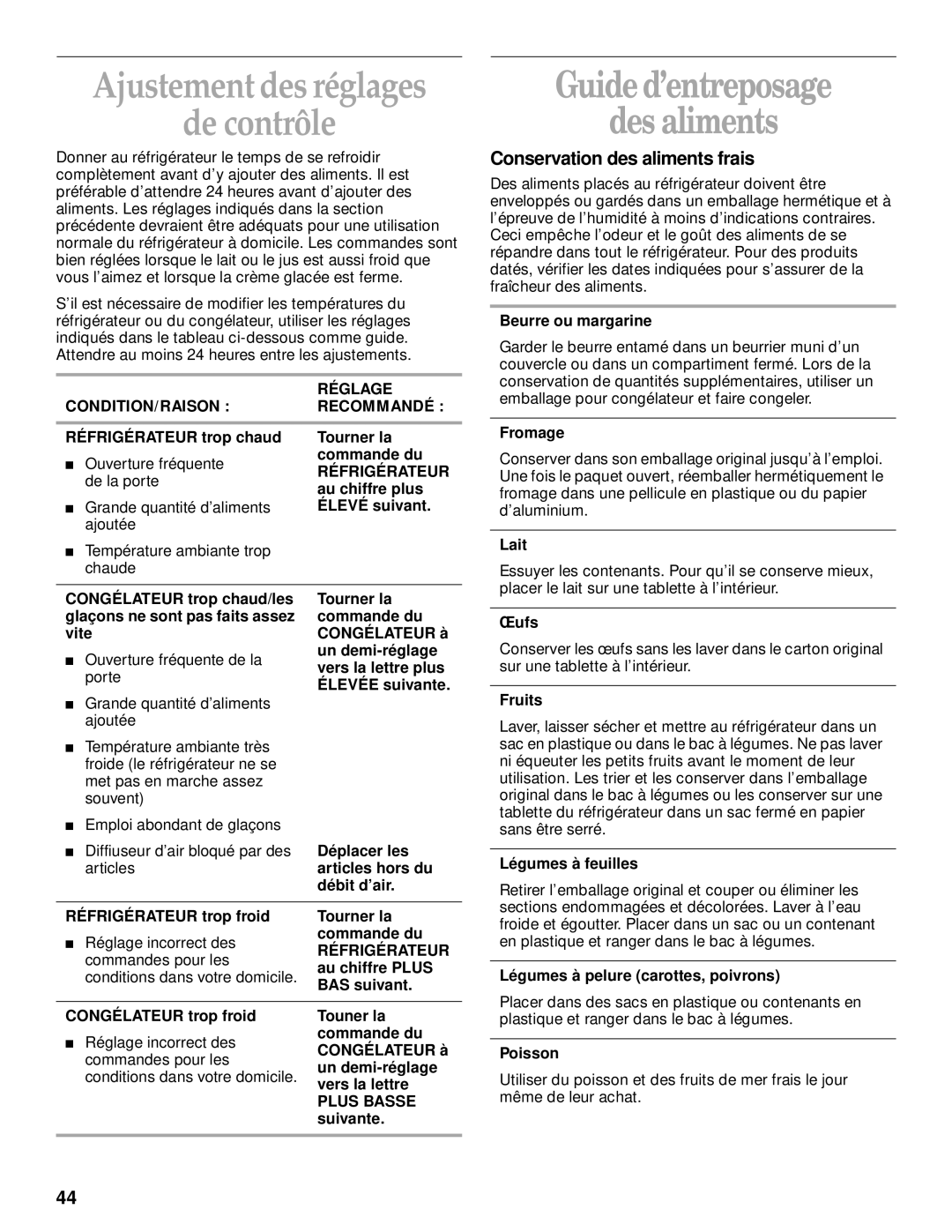 KitchenAid 2200139A Ajustement des réglages De contrôle, Guide d’entreposage Des aliments, Conservation des aliments frais 