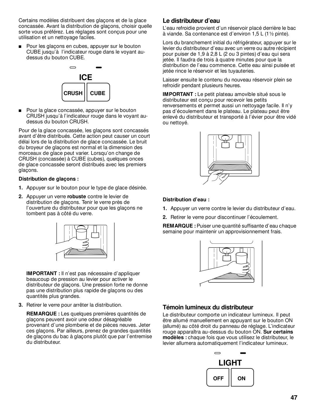 KitchenAid 2200139A Le distributeur d’eau, Témoin lumineux du distributeur, Distribution de glaçons, Distribution d’eau 