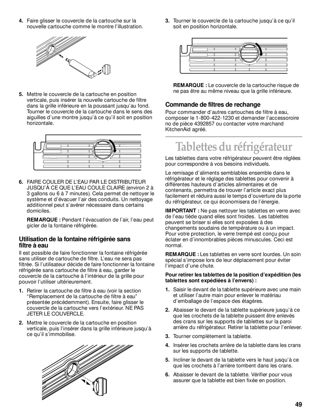 KitchenAid 2200139A manual Tablettes du réfrigérateur, Commande de filtres de rechange 