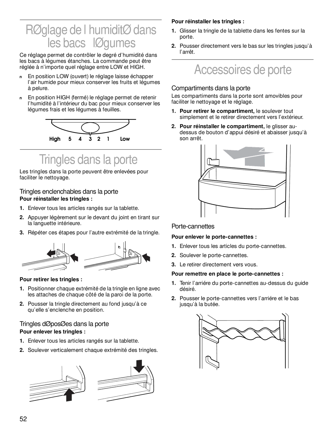 KitchenAid 2200139A manual Les bacs à légumes, Tringles dans la porte, Accessoires de porte 