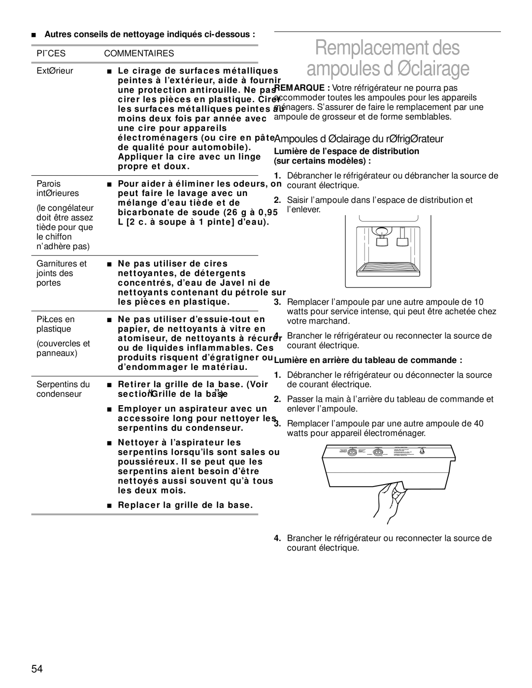 KitchenAid 2200139A manual Ampoules d’éclairage du réfrigérateur, Autres conseils de nettoyage indiqués ci-dessous 