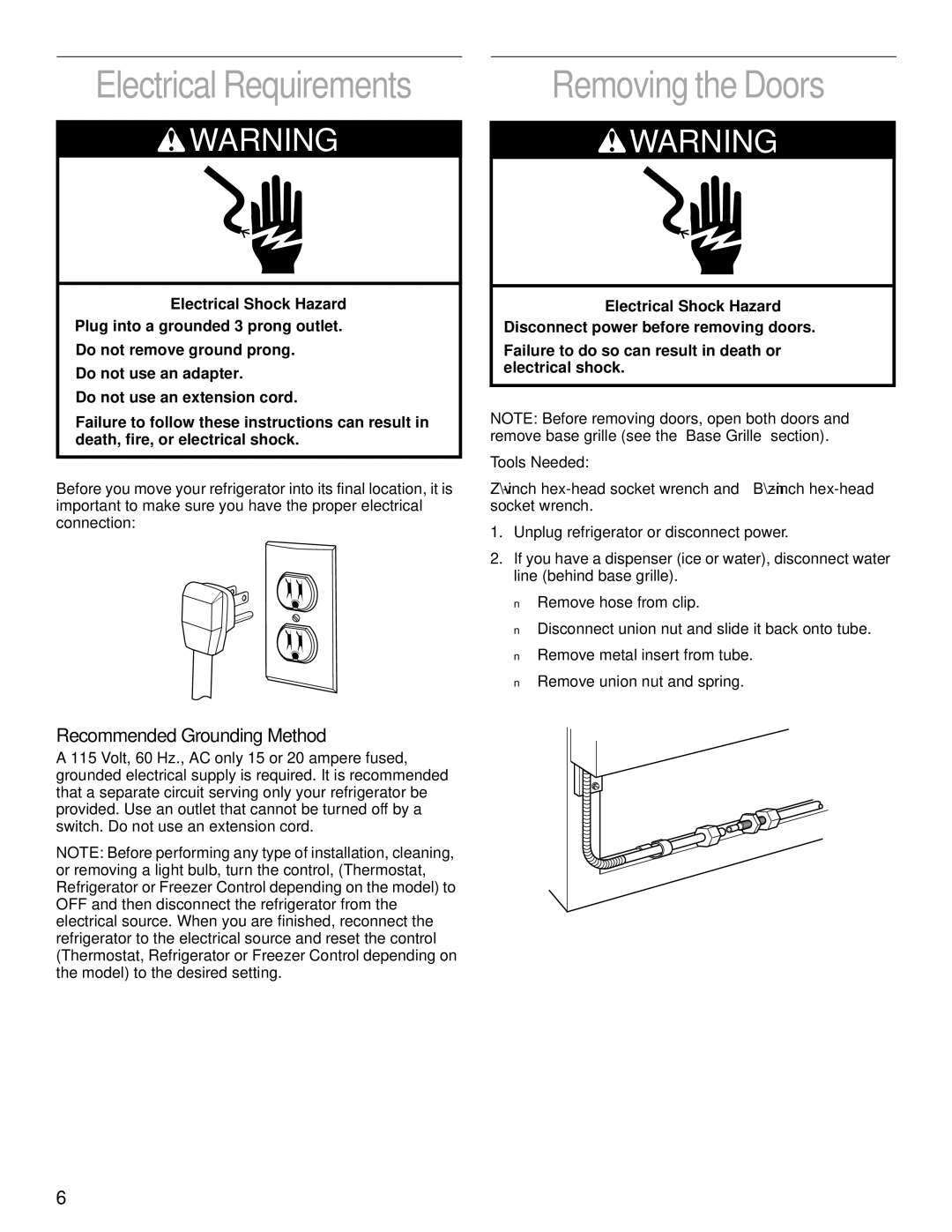 KitchenAid 2200139A manual Electrical Requirements, Removing the Doors, Recommended Grounding Method 