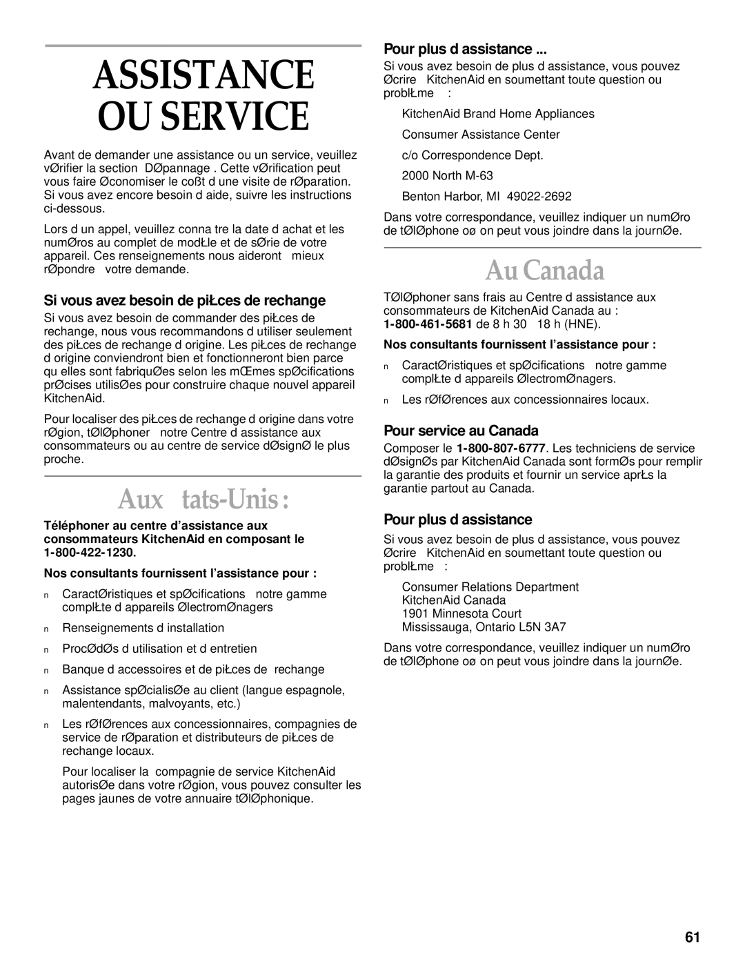 KitchenAid 2200139A manual Assistance OU Service, Aux États-Unis, Au Canada 