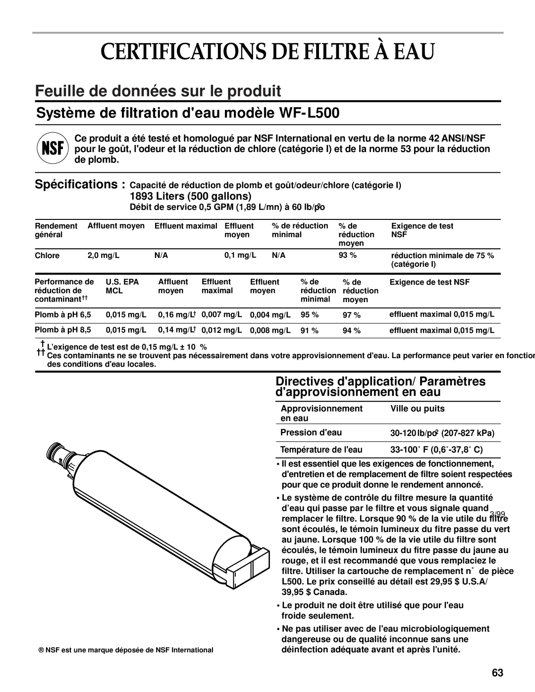 KitchenAid 2200139A manual Certifications DE Filtre À EAU, Liters 500 gallons 