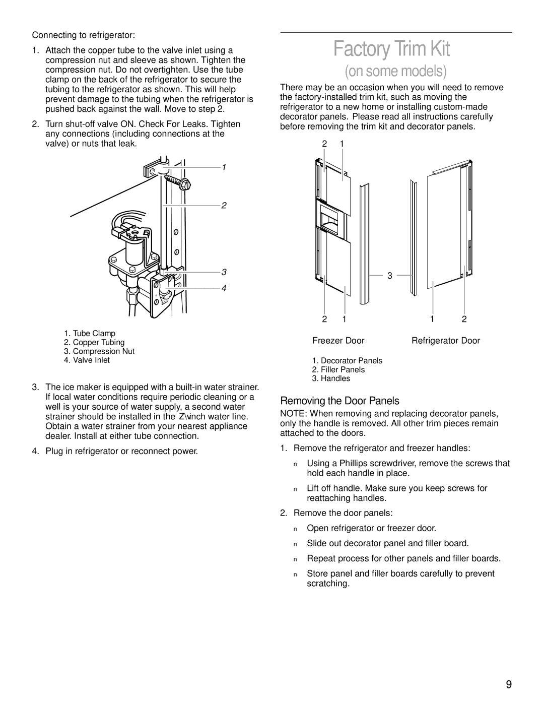 KitchenAid 2200139A manual Factory Trim Kit, Removing the Door Panels, Connecting to refrigerator, Refrigerator Door 