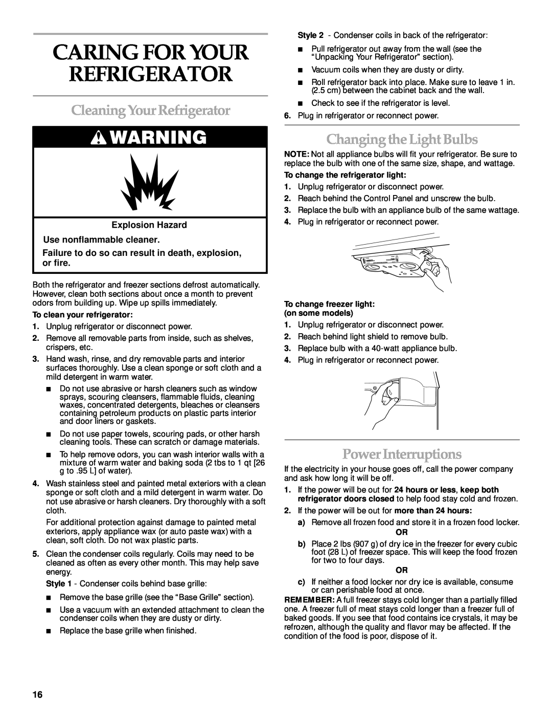 KitchenAid 2205264 Caring For Your Refrigerator, Cleaning Your Refrigerator, Changing the Light Bulbs, Power Interruptions 