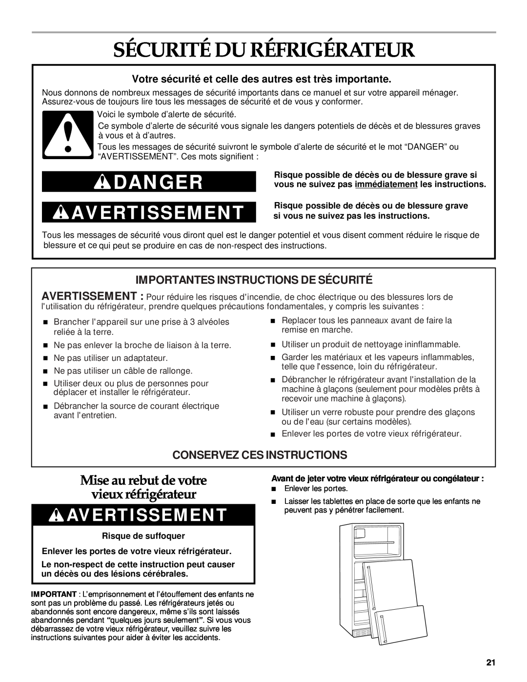 KitchenAid 2205264 manual Sécurité Du Réfrigérateur, Avertissement, Mise au rebut de votre vieux réfrigérateur, Danger 