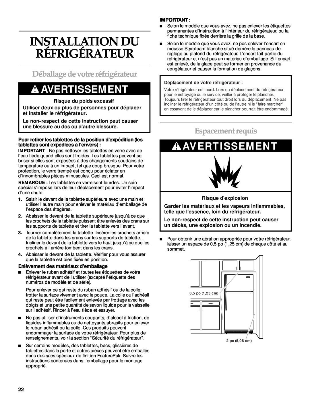 KitchenAid 2205264 manual Installation Du Réfrigérateur, Déballage de votre réfrigérateur, Espacement requis, Avertissement 