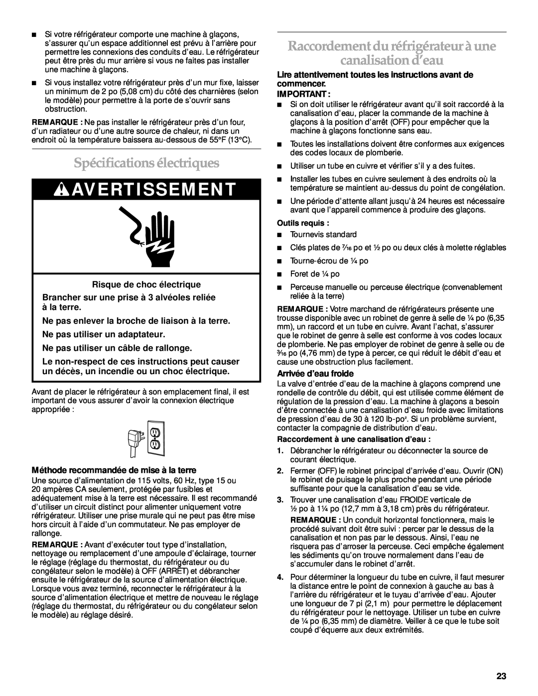 KitchenAid 2205264 manual Spécifications électriques, Raccordement du réfrigérateur à une canalisation d’eau, Avertissement 