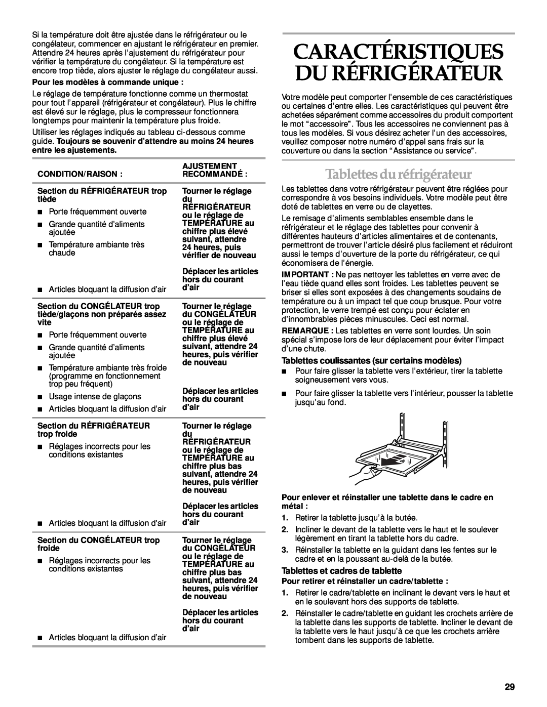 KitchenAid 2205264 manual Caractéristiques Du Réfrigérateur, Tablettesdu réfrigérateur, Tablettes et cadres de tablette 