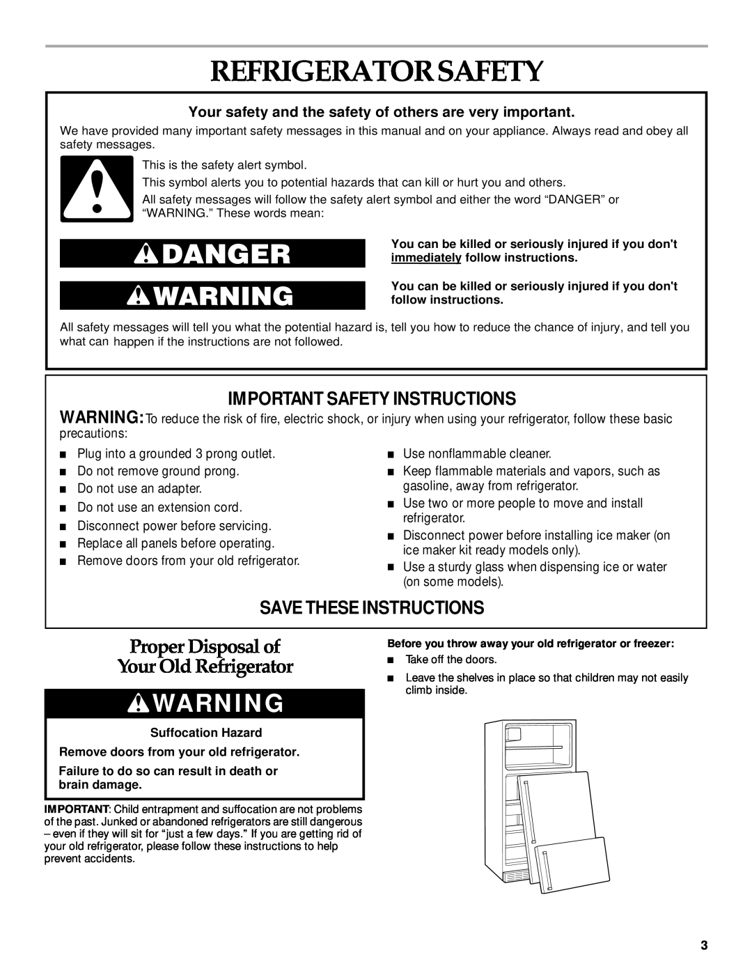 KitchenAid 2205264 manual Refrigeratorsafety, Proper Disposal of Your Old Refrigerator, Important Safety Instructions 