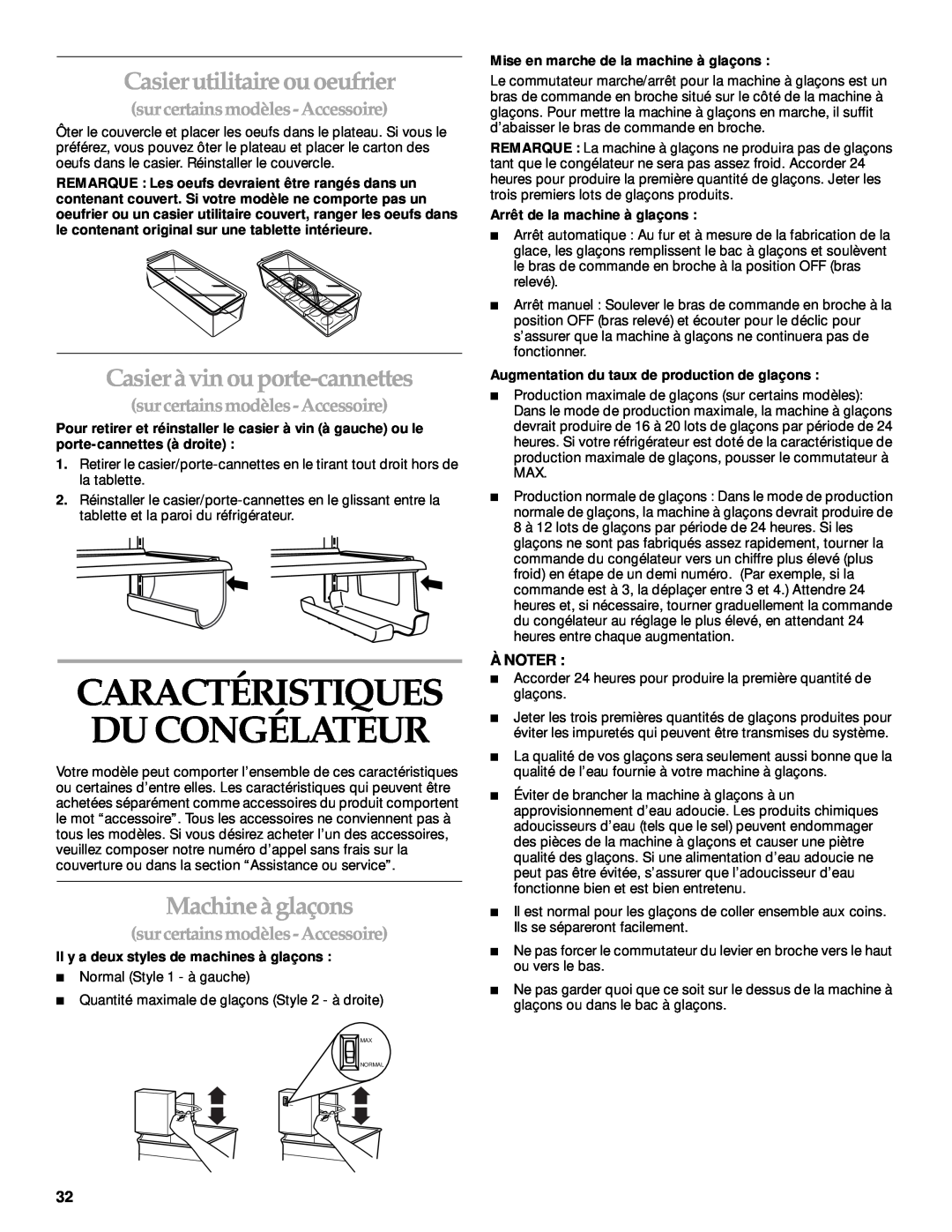 KitchenAid 2205264 manual Caractéristiques Du Congélateur, Casier utilitaire ou oeufrier, Casier à vin ou porte-cannettes 