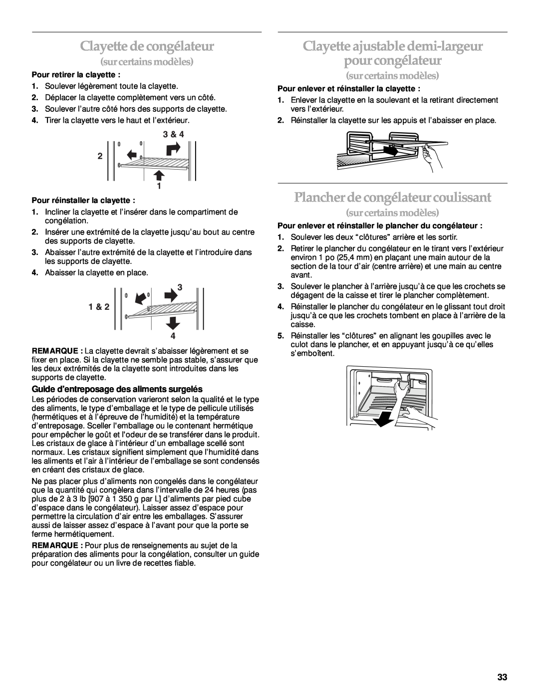 KitchenAid 2205264 manual Clayette de congélateur, Clayette ajustable demi-largeur pour congélateur, sur certains modèles 