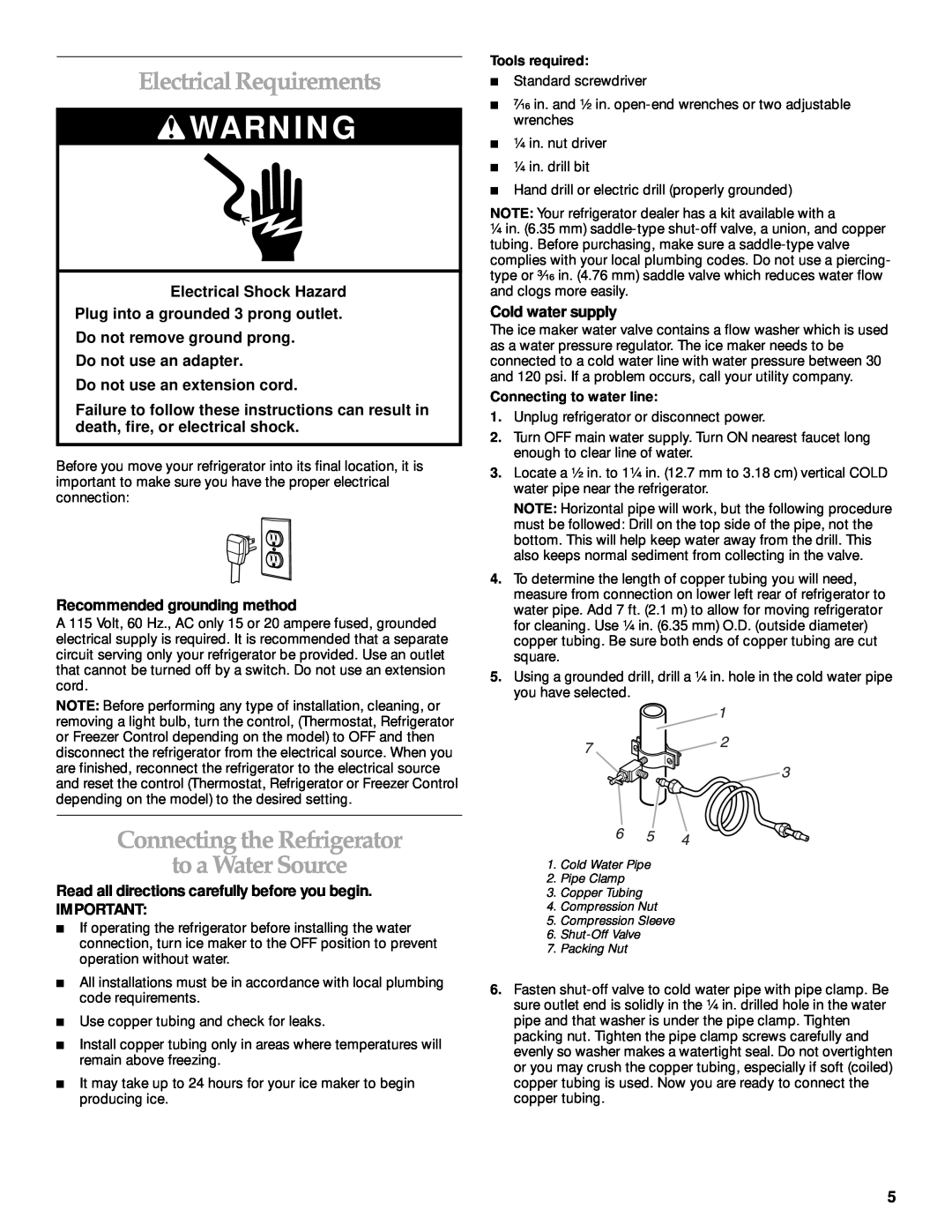 KitchenAid 2205264 Electrical Requirements, Connecting the Refrigerator to a Water Source, Do not use an extension cord 