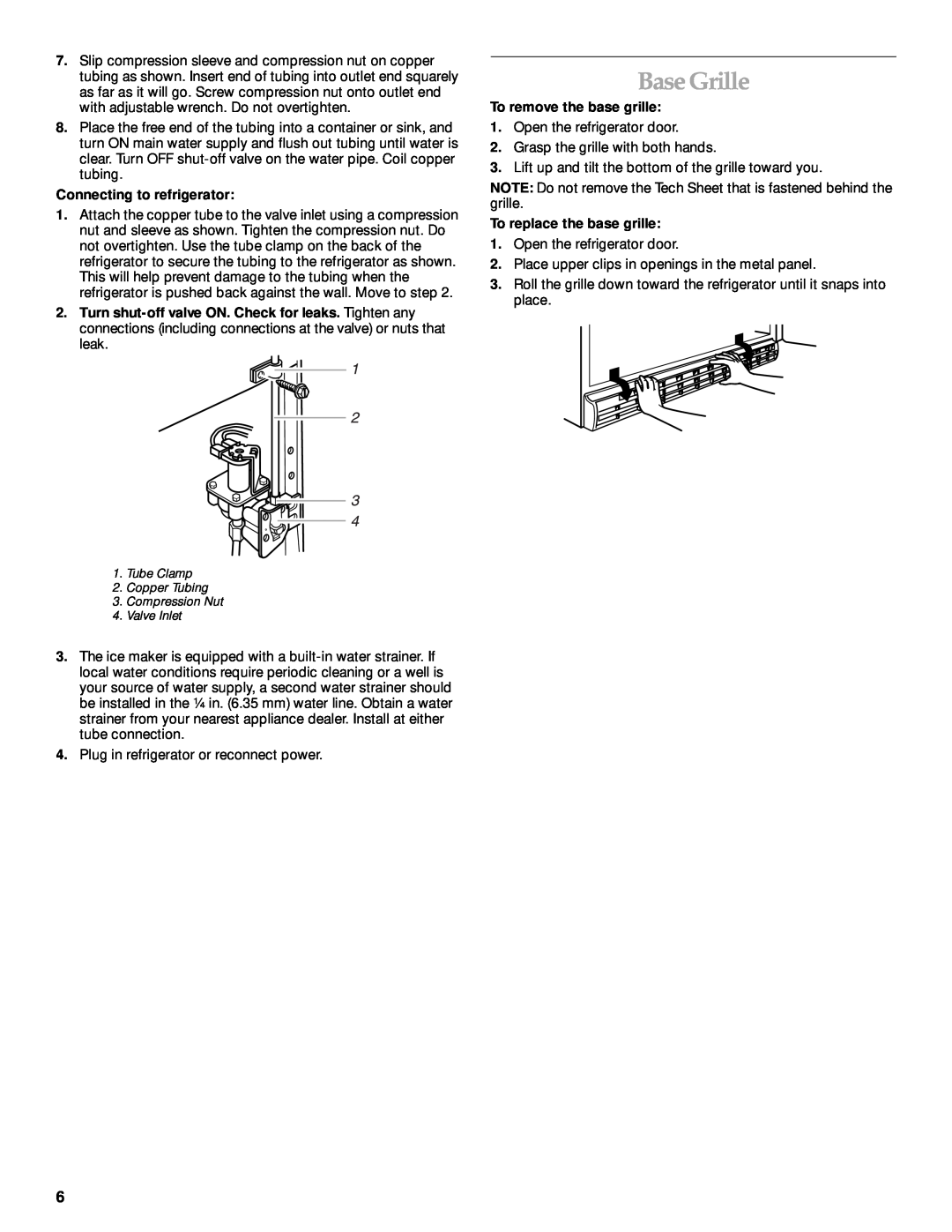 KitchenAid 2205264 manual Base Grille, Connecting to refrigerator, To remove the base grille, To replace the base grille 