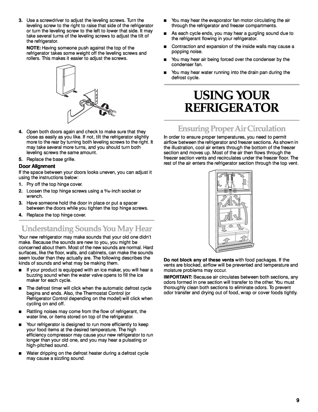 KitchenAid 2205264 manual Using Your Refrigerator, Understanding Sounds You May Hear, Ensuring Proper Air Circulation 